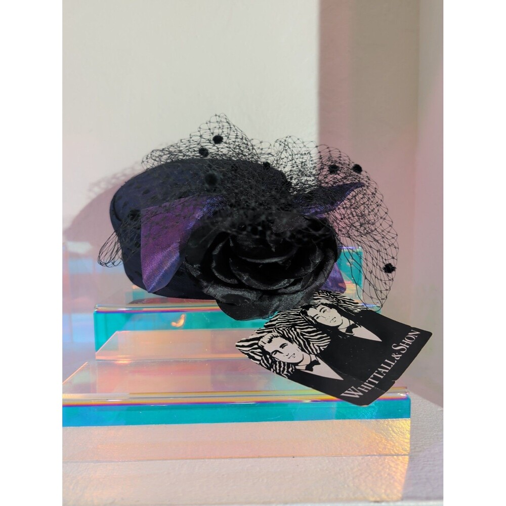 Vintage Whittall & Shon Black Purple Fascinator Hat Veil Rose Floral USA NOS